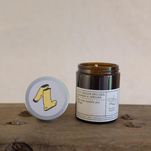 No 6: Yellow Wellies. Seaweed & Juniper, Luxury Candle Jar. - Ali Mac Candles